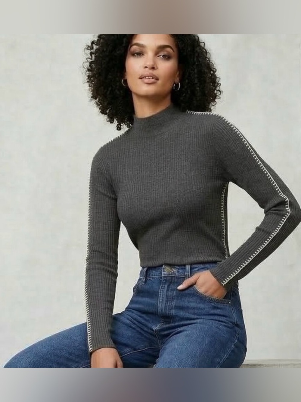 J Crew Charcoal Premium Rib Turtleneck with White Whipstitch Trim Size Large